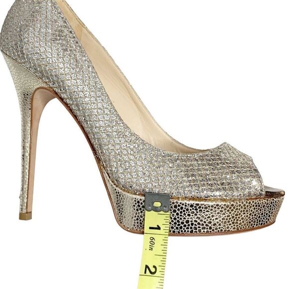 Jimmy Choo Gold Champagne Glitter Luna Peep Toe Platform Pumps Women’s Size 38.5 - Picture 14 of 16